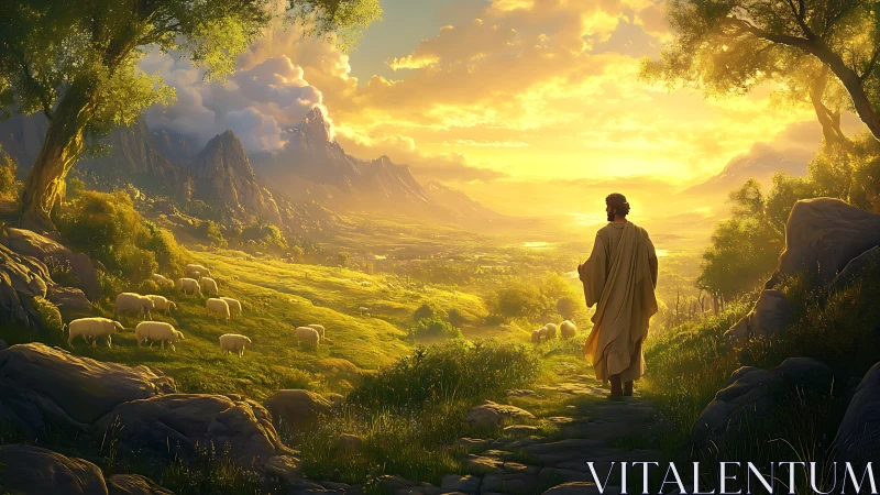 Shepherd walks through sunlit valley toward distant mountains