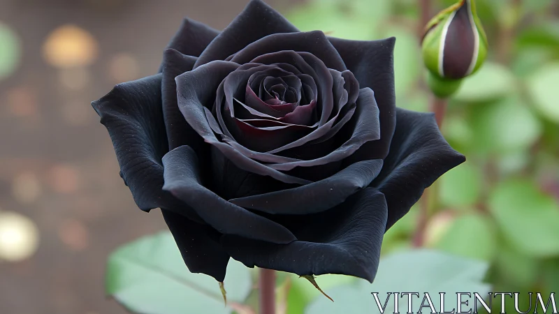 Black rose macro with velvety petals in garden setting.