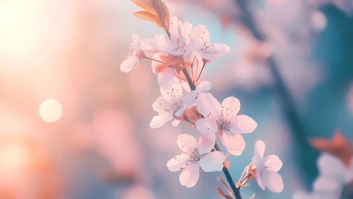 Delicate Cherry Blossoms Illuminated by Warm Backlighting and Bokeh