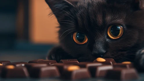 Black Feline Portrait with Amber Iridescent Ocular Focus and Confectionery Foreground.