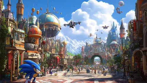 Sonic character in vibrant steampunk festival cityscape.