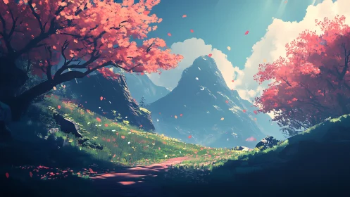 Mountain valley path passes under pink blossoming trees