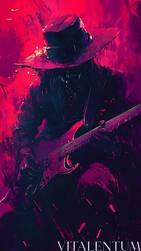 Shadowed guitarist in neon crimson storm of soundscape.