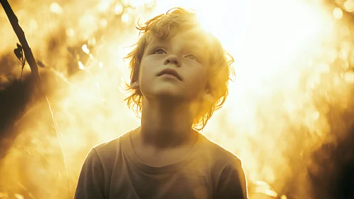 Soft golden sunlight surrounds a daydreaming child outdoors.