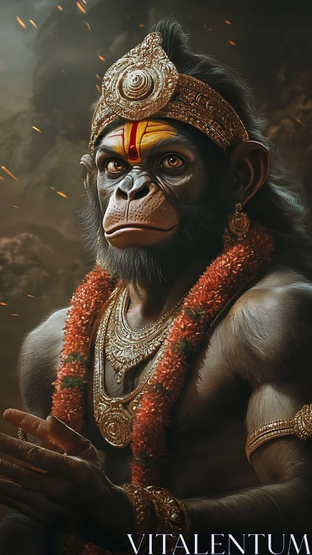 Regal monkey warrior radiates divine strength in smoky dusk