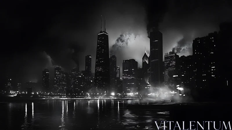 Noir harbor skyline exhaling smoke into a sleepless night.