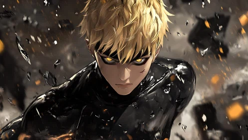 Blond anime character in black suit moves through debris field