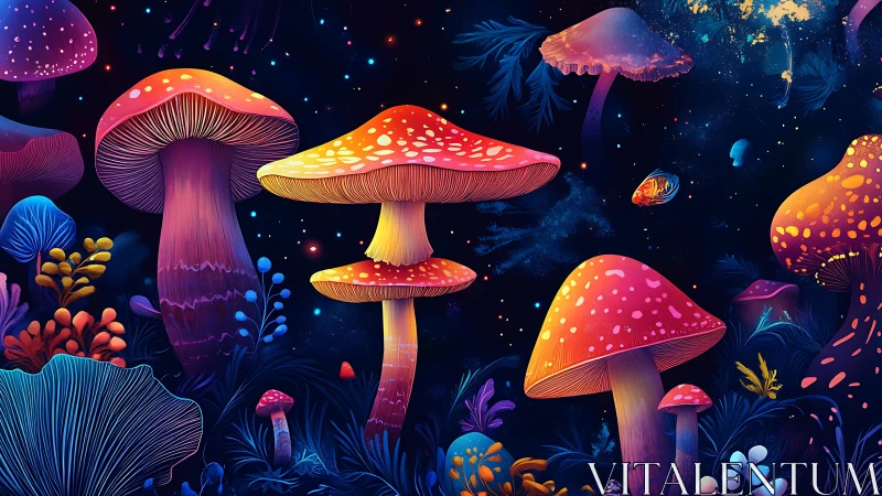 Luminous bioluminescent mushrooms in nebula-like night forest