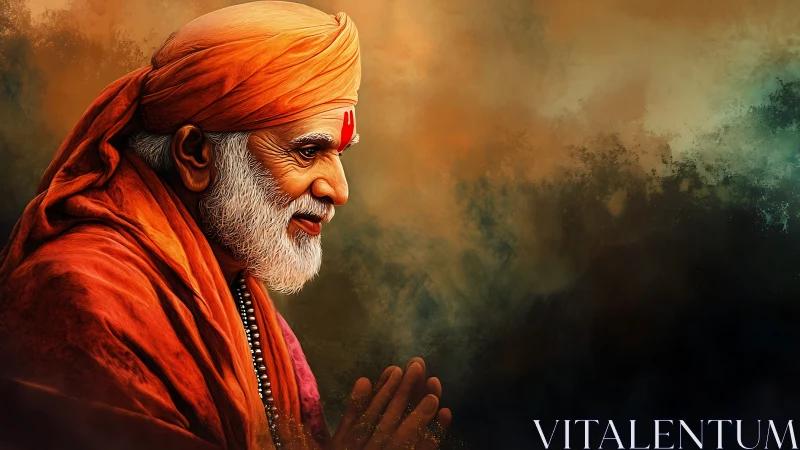 Elderly spiritual man in orange robes against moody sky