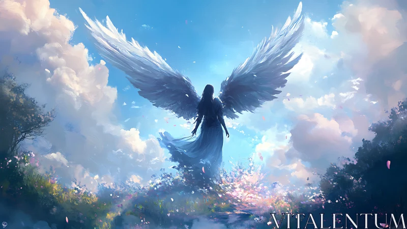 Luminous angel rises over a dreamlike meadow of light and sky