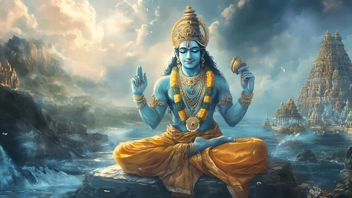 Blue-skinned meditative deity before riverside Dravidian temples