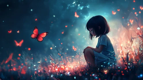 Young girl in glowing meadow watches luminous butterflies.