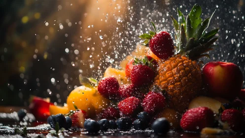 Mixed fresh fruit pile under splashing water in strong light