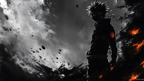 Brooding anime hero framed by stormy skies and glowing embers.