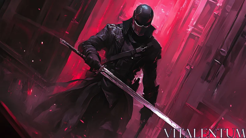 Cyberpunk swordsman in crimson-lit corridor, dynamic composition.
