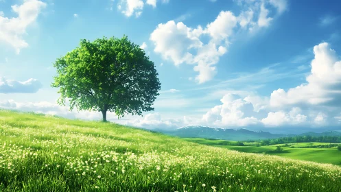 Solitary green tree crowns bright wildflower hillside