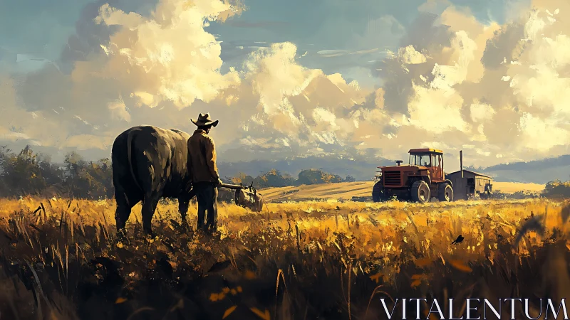 Digital painting of rural farmer, ox and tractor under vast sky.