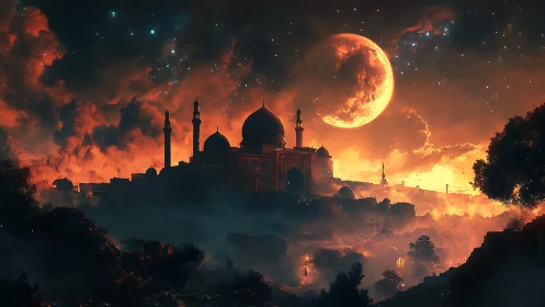 Silhouetted domed city beneath enlarged moon at dusk sky.