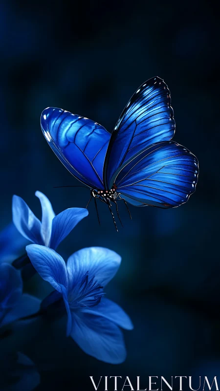 Blue butterfly resting on flower in dark blue tones.