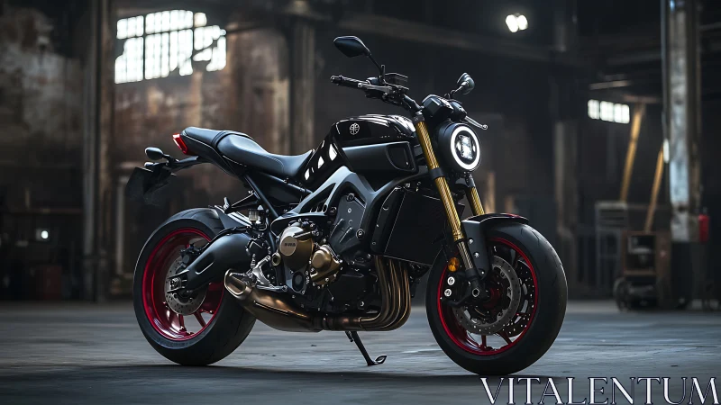 Modern naked motorcycle is parked in an empty industrial hall