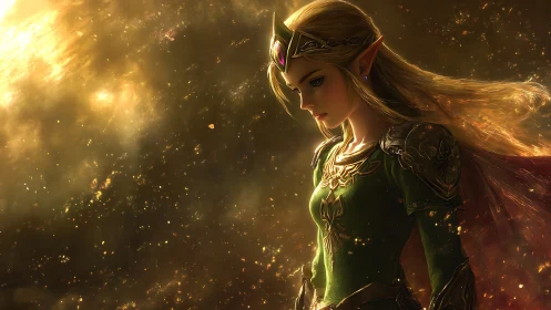 Starlit elven princess walking through molten-gold dusk.