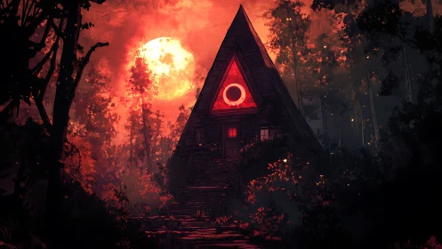 Crimson moonlit triangle cabin guards a haunted forest path.