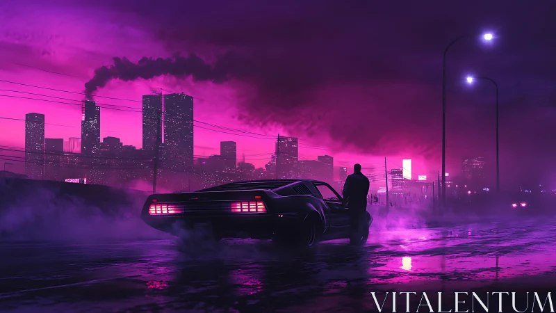 Neon magenta nightscape frames retro muscle car and lone figure