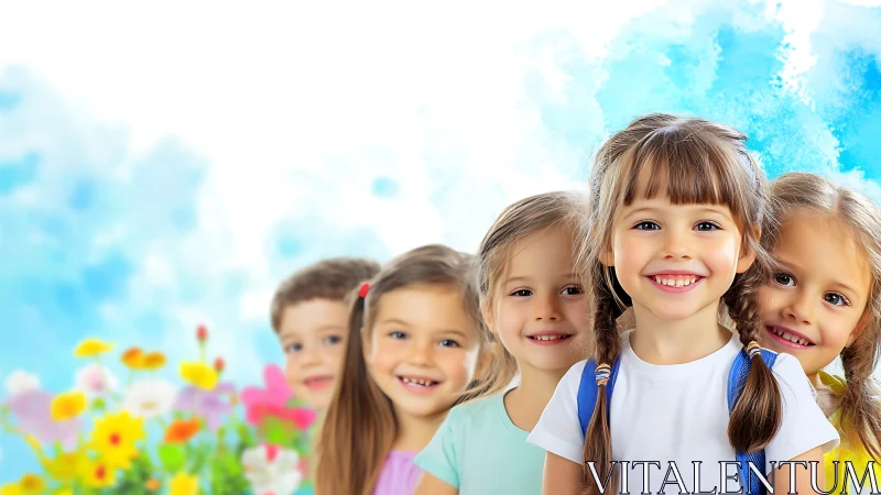 Five Young Children Smiling Outdoors Against Blue Sky Background.