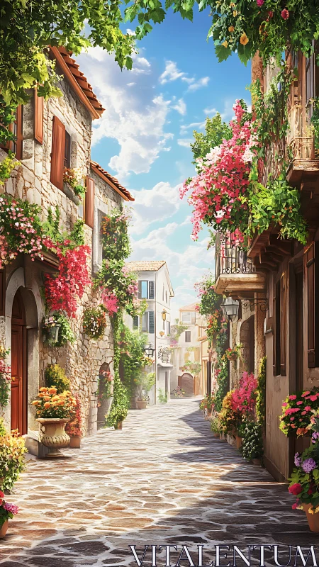 Stone alleyway blooms into a sunlit riversong of hanging gardens