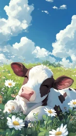 Sleepy calf dozes among daisies under wide summer sky.