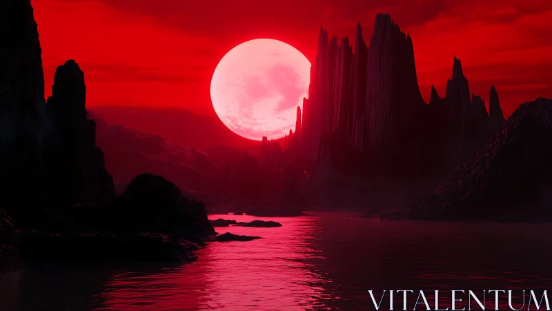 Crimson exoplanet seascape with basalt spires and giant moon.