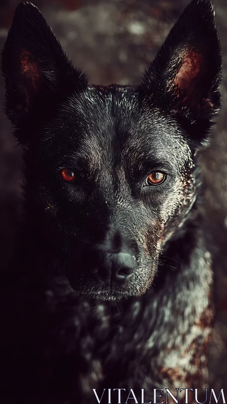 Stormlit canine sentinel with ember eyes in shadowed frame.