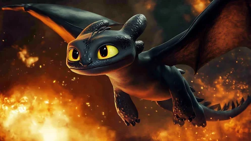 Playful black dragon soaring through a fiery golden sky.