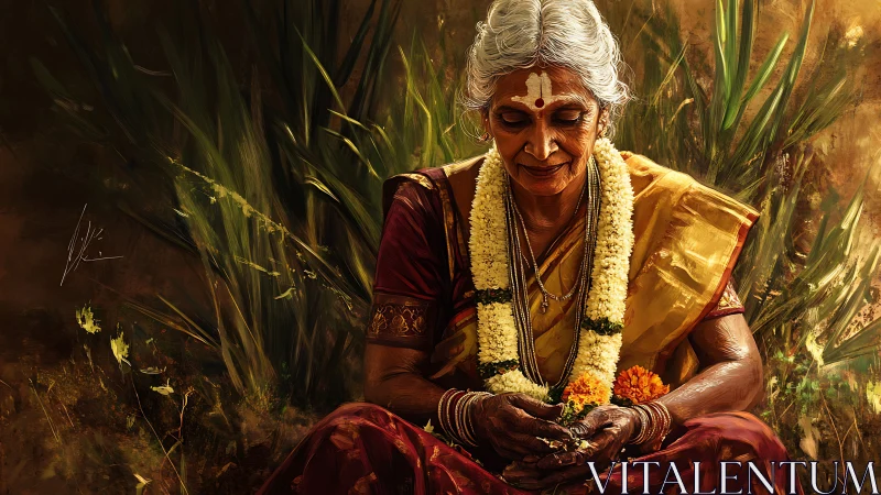 Golden quietude of an elder garlanded in marigold grace.