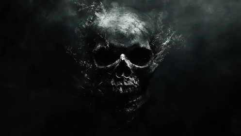 High-contrast fractured skull emerging from turbulent dark mist