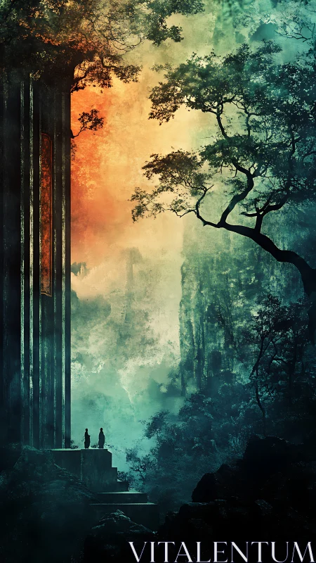 Monolithic portal towers above misted canyon with spectral lighting