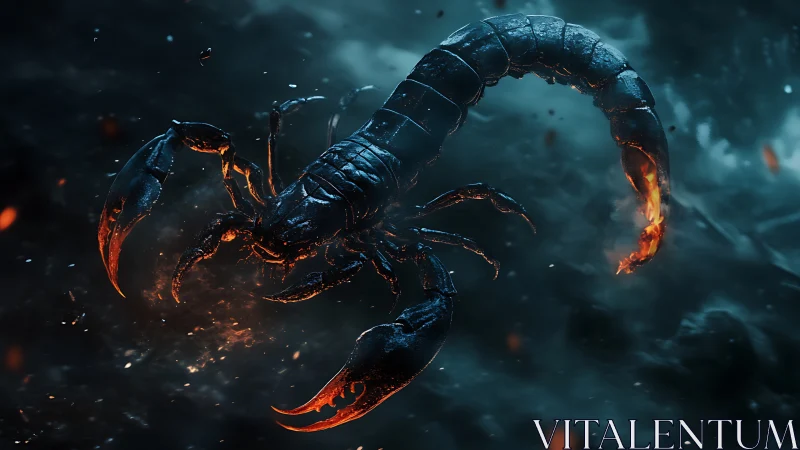 Fiery cybernetic scorpion emerges from smoky neon shadows