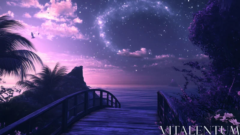 Starlit tropical boardwalk opens onto a tranquil violet sea