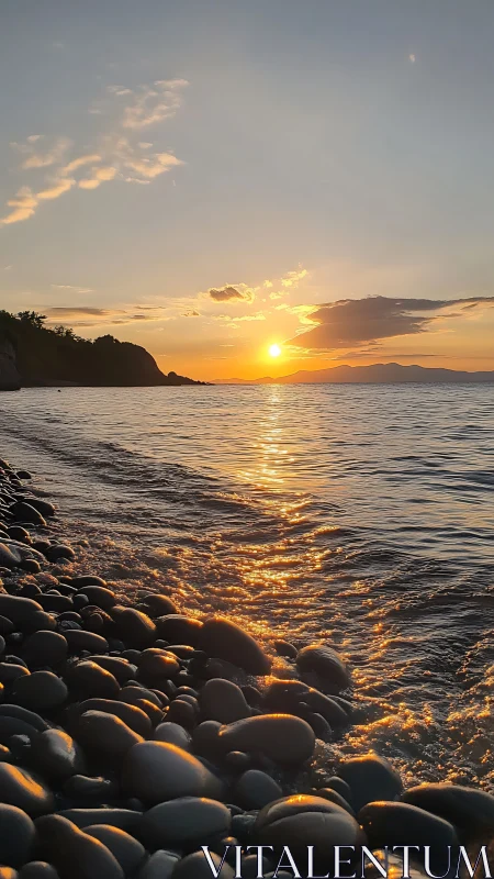 Sunset light reflects on wet pebbles along tranquil shoreline