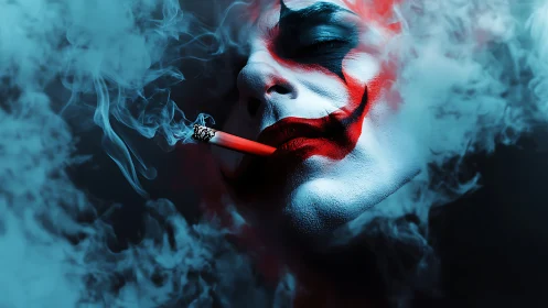 Smoke crowned jester drifts between neon hush and chaos