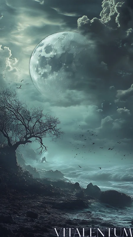 Moody moonlit shore wrapped in mist, waves, and quiet wonder.