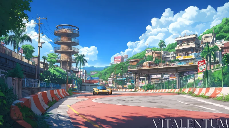 Sports car rounds sunlit coastal hill urban racetrack