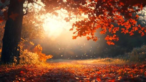 Sunlit forest path under cascading autumn foliage glow.