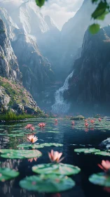 Gentle mountain lagoon welcomes drifting lilies and soft mist
