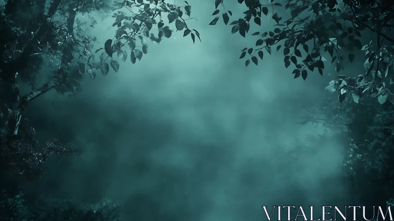 Mystical Forest Shrouded in Misty Teal Atmosphere.