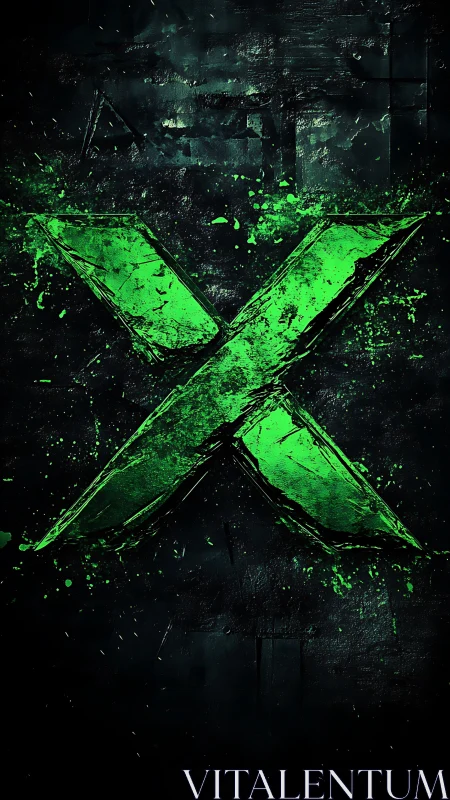 Neon green X emblem on grunge textured dark background.