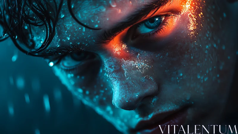 Close male face is lit by contrasting cyan and orange light