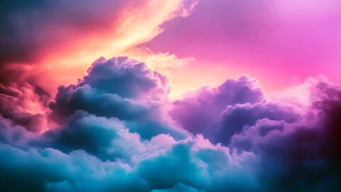 Iridescent cumulonimbus cloudscape rendered in neon gradients