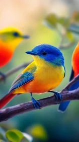 Bright songbird perched among softly blurred garden colors.