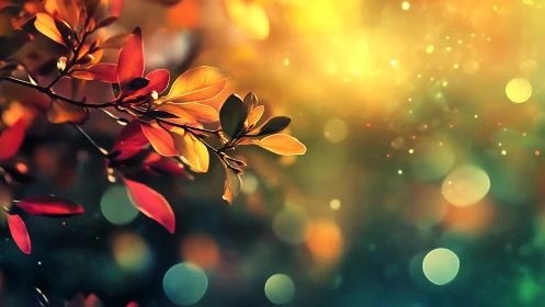 Glowing autumn leaves drift softly in dreamy evening light